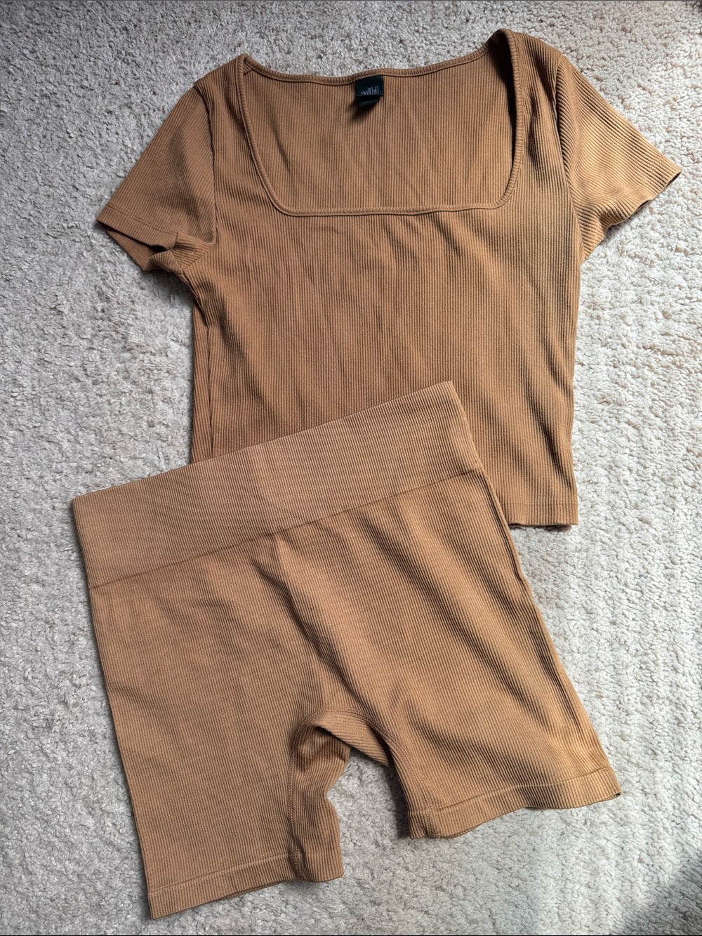 wild fable Tan Ribbed Square-Neck Short Sleeve Top & Bike Shorts Set